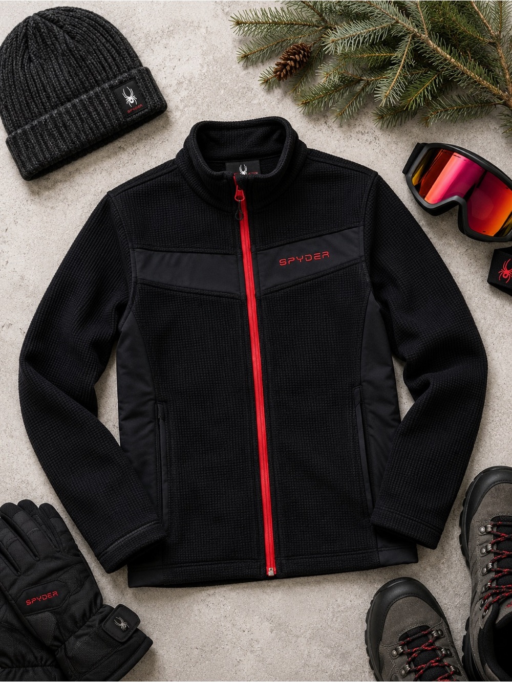 Spyder Youth XL Waffle Knit Fleece Jacket Black‎ Red Full Zip Ski Outdoor